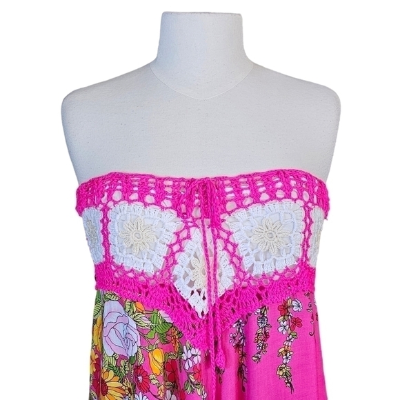 CONVERTIBLE Crochet Top Pink Floral Midi Dress Maxi Skirt Size M - Picture 6 of 16